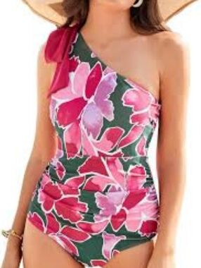 summersalt Girls' One-Shoulder Floral Swimsuit in Pink and Green